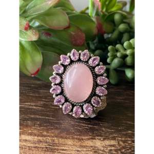 Southwest Handmade Rose Quartz & Tourmaline Sterling <b>Silver</b> Cluster <b>Ring</b> <b>Adjustable</b> Size 8.5 Gift Ready - Product Image 1