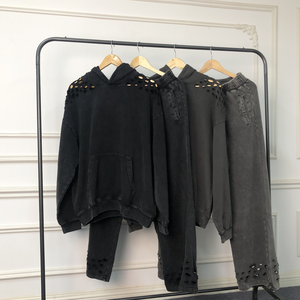 Ropa de peso pesado, ropa de calle desgastada, Sudadera con capucha lavada con ácido en blanco liso personalizada y pantalones de chándal de pierna ancha holgados, chándal de gran tamaño - Product Image 2