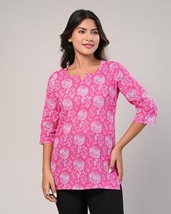 Kurti Casual de Uso Diario para Mujer, Estilo Informal, con Estampado Floral, Cuello Redondo, Silueta Ajustada y Evase, 100% Algodón, Color Rosa Otoñal - Product Image 5