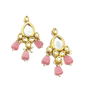 Ensemble de bijoux fins Kundan rose clair, style vintage de luxe, avec des pierres principales en perles et diamants, cuivre rhodié, pour cadeau de mariage - Product Image 4