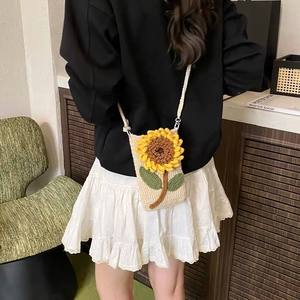 Sac à bandoulière en coton tissé au crochet pour femme, motif tournesol, style pastoral, avec doublure en polyester, tendance - Product Image 6