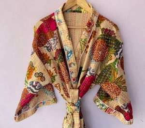 Última India Kantha Floral Impreso Bata Vestido Mujer Maxi Largo Kantha Kimono Batas Vestido Mujer Ropa de dormir a precio al por mayor OEM - Product Image 3