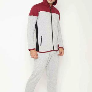 Ensemble de survêtement à capuche pour homme, gris et rouge, blocs de couleur, manches longues, fermeture éclair, poches latérales, tenue décontractée pour l'automne - Product Image 3