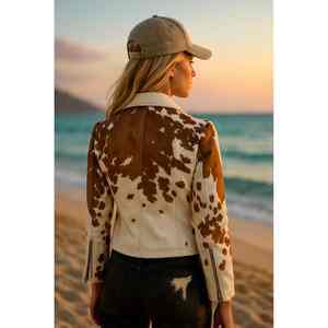 Veste en cuir de vachette intemporelle pour femme, design élégant en cuir à poils - Product Image 4