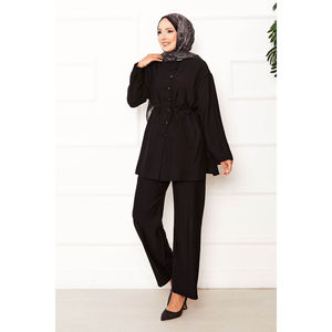 Conjunto de Dos Piezas Negro con Detalle Británico, Cintura Ajustable con Cordón Desmontable, Decoración con Botones, Tallas Grandes - Product Image 1