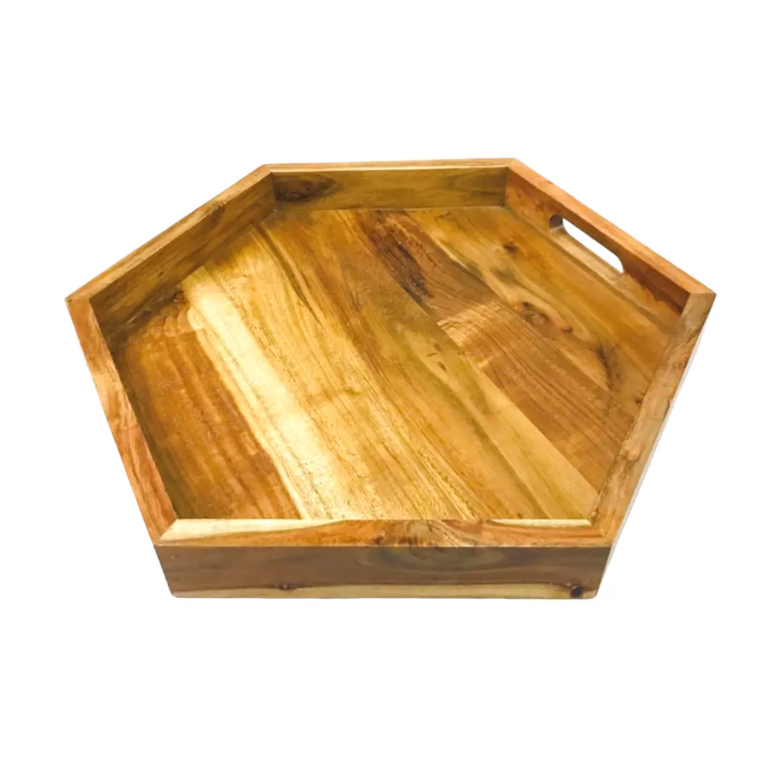 custom Wooden Food Serving Tray Hexagon Serving Tray With Handle For Online Sellers Indian Supplier