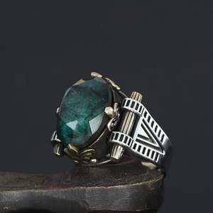 Azuris Custom Logo 925 Sterling Silver Ottoman Style <b>Men's</b> <b>Ring</b> Naturel <b>Black</b> Stone Handmade in Turkey VALKH1508 - Product Image 4