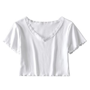 Camiseta de manga corta con ribete de encaje grande y cuello en V para mujer - Product Image 2