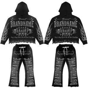 Sudadera con capucha y pantalón acampanado de gran tamaño con logotipo personalizado OEM de alta calidad al por mayor, chándal personalizado con diamantes de imitación, conjunto de chándal para hombre - Product Image 1