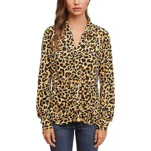 Camicia in maglia di chiffon satinato con arricciatura frontale a filo singolo, stampa floreale leopardata vintage, taglia XL, formale vintage per primavera autunno - Product Image 1