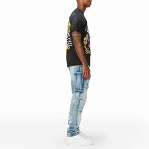 Pantalon cargo en denim décontracté pour homme, coton de haute qualité, jean bleu clair, décoration boutonnée, taille mi-haute, style droit, lavage moyen - Product Image 2