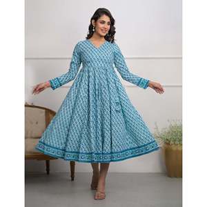 Vestido de Algodón Angrakha con Estampado Azul, Informal, para Fiestas, Transpirable, Cintura Imperio, Tallas XS a 5XL - Product Image 5