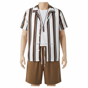 Ensemble de shorts décontractés pour hommes personnalisés OEM, respirants, à rayures - Motif à rayures multicolores marron et blanc, tenue d'été 2 pièces - Product Image 1