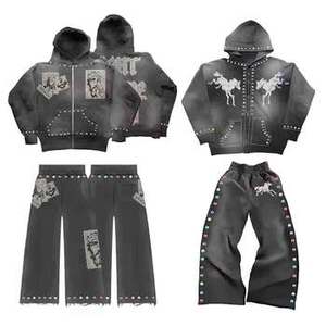 2025 Fashion Custom Brand Cotton Reflective Unisex Streetwear Tracksuit 2pcs Thick Breathable Hoodie <b>Pant</b> Sweatsuit for Autumn - Product Image 3