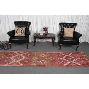 Vintage Rug, 2.6x10.4 ft <b>Runner</b> Rug, <b>Red</b> Plants & trees Wool Turkish Rug - Product Image 2