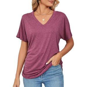 T-shirt col en V pour femmes en gros à manches courtes 100% coton Jersey simple tissu 160 GSM T-shirt pour femmes - Product Image 5