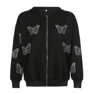 Sudaderas con capucha con logotipo personalizado de peso pesado, cremallera de cara completa, diamantes de imitación bordados, ropa de calle informal, poliéster y algodón - Product Image 1