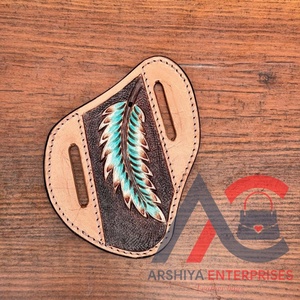 Handmade Unisex Western Genuine <b>Leather</b> Holster Personalized <b>Tooled</b> Knife Sheath with Hand Painted Feathers Pocket Knife Sheath - Product Image 1