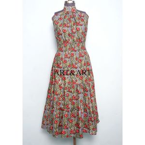Robe midi sans manches en coton pour femme, style occidental, lavable, multicolore, à imprimé floral uni, élégante, mignonne et douce, idéale pour les fêtes d'été - Product Image 6