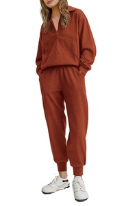 Sudadera de cuello alto marrón oscuro con cremallera y cuello redondo y conjunto de Jogger, chándal de felpa francesa de gran tamaño, sudaderas cortas OEM para mujer - Product Image 3