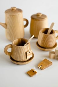 Service à thé en bois de coco de style nordique avec pot et plateau, logo personnalisé, théière et tasses en bois de coco - Product Image 3