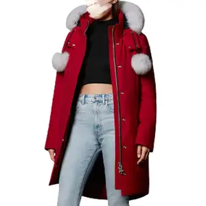 Abrigo de invierno personalizado para mujer, chaqueta de plumón con capucha y ribete de piel de zorro largo hasta el muslo, Abrigo acolchado de Canadá
