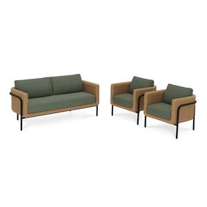 Ensemble de canapé d'extérieur moderne avec design en rotin tissé à la main, coussins verts et cadre en métal noir Salon de patio élégant et confortable - Product Image 2