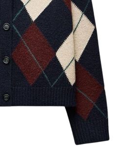 Navy Brown Argyle Pattern <b>Men</b> <b>Cardigan</b> Sweater With Soft Knit Fabric And Button Closure For Stylish Winter Wear - Product Image 6
