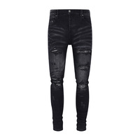 Fabricant de jeans en denim sur mesure, streetwear, hip hop, jeans skinny déchirés et délavés avec patchs en cuir pour hommes