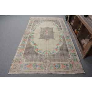 Vintage <b>Turkish</b> <b>Rug</b> Classic Beige Brown 4.7 X 8.6 ft Patchwork Boho Flat Weave Wool and Jute for Living Room Latex Backed - Product Image 1