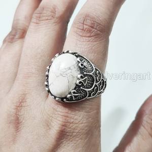 Nouvelle Arrivée Bague pour Homme en Argent Sterling 925 avec Pierre Naturelle Howlite, Toutes Tailles, Style Ottoman, Cadeau Anniversaire, Bijoux - Product Image 2