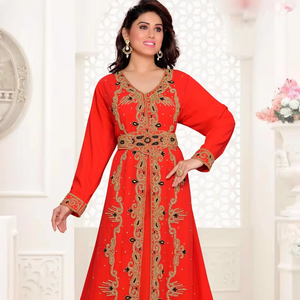 Red embroidered georgette islamic <b>kaftan</b> - Product Image 1