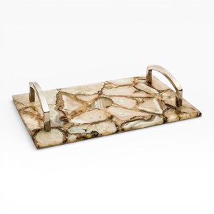 Plateau de service rectangulaire en agate naturelle brune avec surface en mosaïque de tranches de cristal polies et poignées dorées ornées - Product Image 4