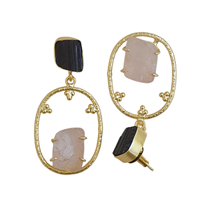 ต่างหูห้อยทรงคลาสสิกวินเทจสำหรับผู้หญิง ทำด้วยมือ ชุบทอง 14K ประดับด้วยทัวร์มาลีนและโรสควอตซ์ - Product Image 5