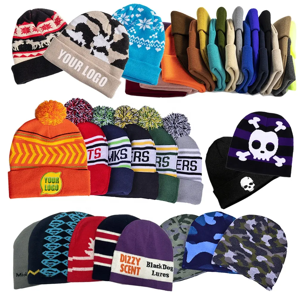 100% Acrylic Winter Hats Custom Jacquard Knitted Beanie Hat Knitted Skull Beanie