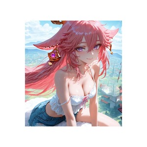 Fille anime aux cheveux roses avec des cornes, vêtu d'un haut blanc et d'un jean, assise sur un fond nuageux, 100% original, pour jeux et affichage laser - Product Image 1