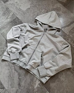 Sweat à capuche zippé bleu denim en détresse Heavyweight Oversized Acid Wash Hip Hop Rhinestone Hoodie 2025 - Product Image 6