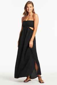 Robe longue noire d'été à épaules dénudées pour femmes Robe longue sans bretelles en gaze de coton pour la plage Robe longue smockée au sol - Product Image 6