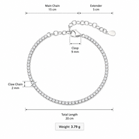 Bracelet tennis en argent sterling 925, chaîne à griffes de 2 mm, 15+5 cm, 3,79 g, réglable, bijoux pour femmes avec fermoir en forme de larme
