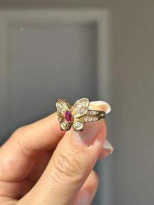 Anillo de Doble Banda con Rubí Mariposa en Oro Sólido de 14K, Corte Marquesa, Rubí Natural y Diamante, Anillo de Piedra Natal de Julio, Regalo de Aniversario - Product Image 4