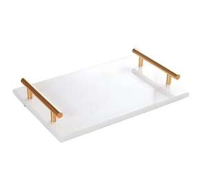 Plateau de service rectangulaire de luxe en marbre avec poignées dorées, couleur personnalisable et design européen léger pour les célébrations de Diwali - Product Image 1