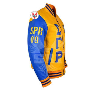 Veste universitaire en laine brodée avec manches en cuir de la sororité Sigma Gamma Rho |   Veste universitaire brodée pour femmes de la sororité SGRho - Product Image 4