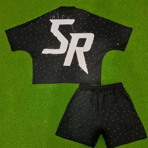 Camiseta personalizada con estampado de diamantes de imitación de dos piezas de algodón lavado ácido Sun Faded y conjuntos de pantalones cortos de sudor con rayas laterales desgastadas para hombres - Product Image 6