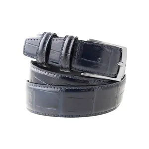 Cinturón italiano de piel auténtica hecho a mano, cinturón elegante en cuero azul real con estampado de cocodrilo, 3,5 cm de longitud, 105-135 cm para la exportación, OEM