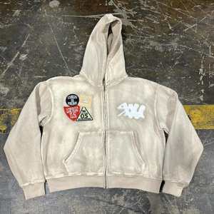 Sudadera con capucha multicolor para hombre, con parche de apliques desgastados de peso pesado y bordado con cremallera Vintage para hombre - Product Image 2