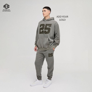 Custom Logo Print <b>Plus</b> <b>Size</b> 450gsm Winter Khaki Oversized 25 Varsity Acid Washed Hooded Tracksuit 100% Cotton French Terry - Product Image 1