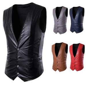 Men's PU Leather <b>Vests</b> V-Neck Single Breasted Solid Color Casual Outer Wear With Button Closure Men's Leather <b>Vest</b> Waistcoats - Product Image 1