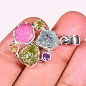 Raw Multi Stone Pendant <b>Necklace</b> Uncut Gemstones Aquamarine Ruby <b>Peridot</b> Vintage Silver Dainty Jewelry Gift - Product Image 2