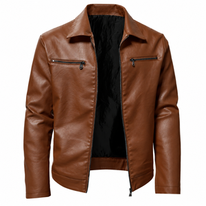 <b>Men's</b> Lightweight <b>Faux</b> <b>Leather</b> <b>Jacket</b> with Turn Down Collar Full Zip Closure Wholesale Apparel Supplier - Product Image 6