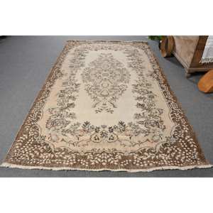 พรมตุรกีวินเทจคลาสสิกสีเบจสีน้ำตาลขนาด5.8x9.6ฟุตผ้าขนสัตว์เย็บปะติดปะต่อพื้นที่ขนาดใหญ่ที่มียางรองสำหรับห้องโถงหรือห้องนอน - Product Image 1